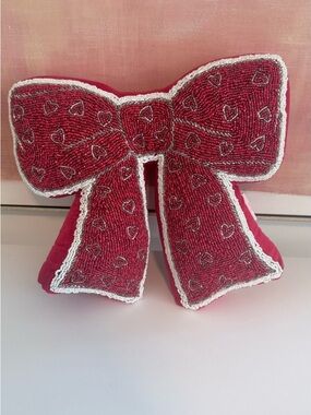 Beaded Red Bow Kids Accessory Pillow - Decorative Hairbow Cushion